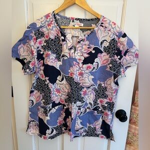 Koi Short Sleeve Floral Scrub Top For Women - Blue and Pink
